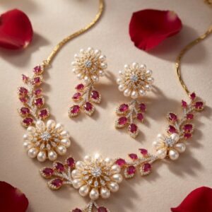 Victorian Pearl And Ruby Vine Radiance Pearl Floral Choker Set-Gold Finish