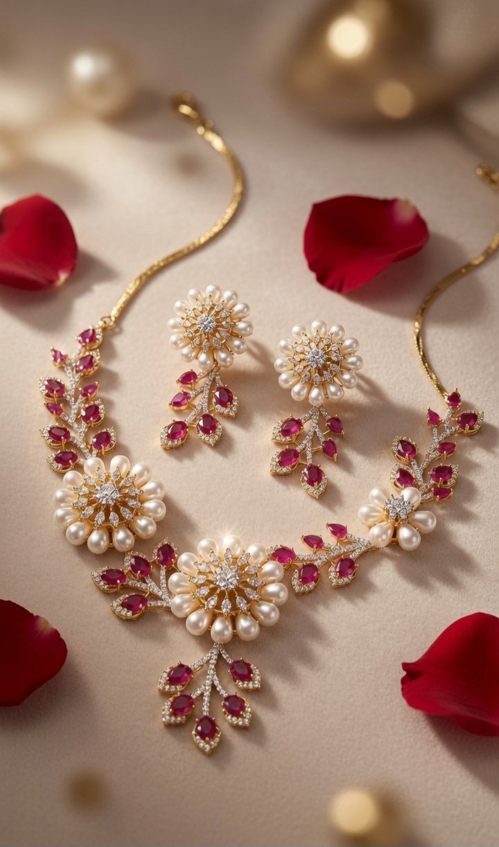 Victorian Pearl And Ruby Vine Radiance Pearl Floral Choker Set-Gold Finish