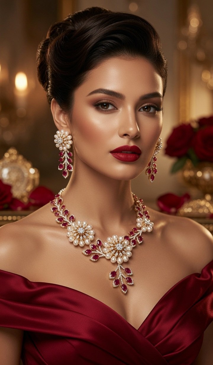 Victorian Pearl And Ruby Vine Radiance Pearl Floral Choker Set-Gold Finish - Image 2