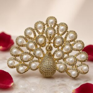 The Majestic Mayura Pavè Diamond-Style And Pearl Peacock Brooch-Gold Finish