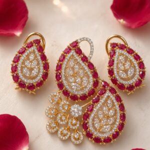 The Sovereign Ruby Red And Leaf Pendant Set-Gold Finish