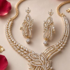 Aura Floral Baguette And Marquise Diamond-Style Choker Set-Gold Finish