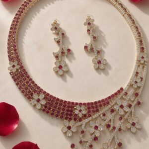 The Royal Dynasty Scarlet Blossom Ruby And Diamond-Style Cascading Necklace Set-Gold Finish