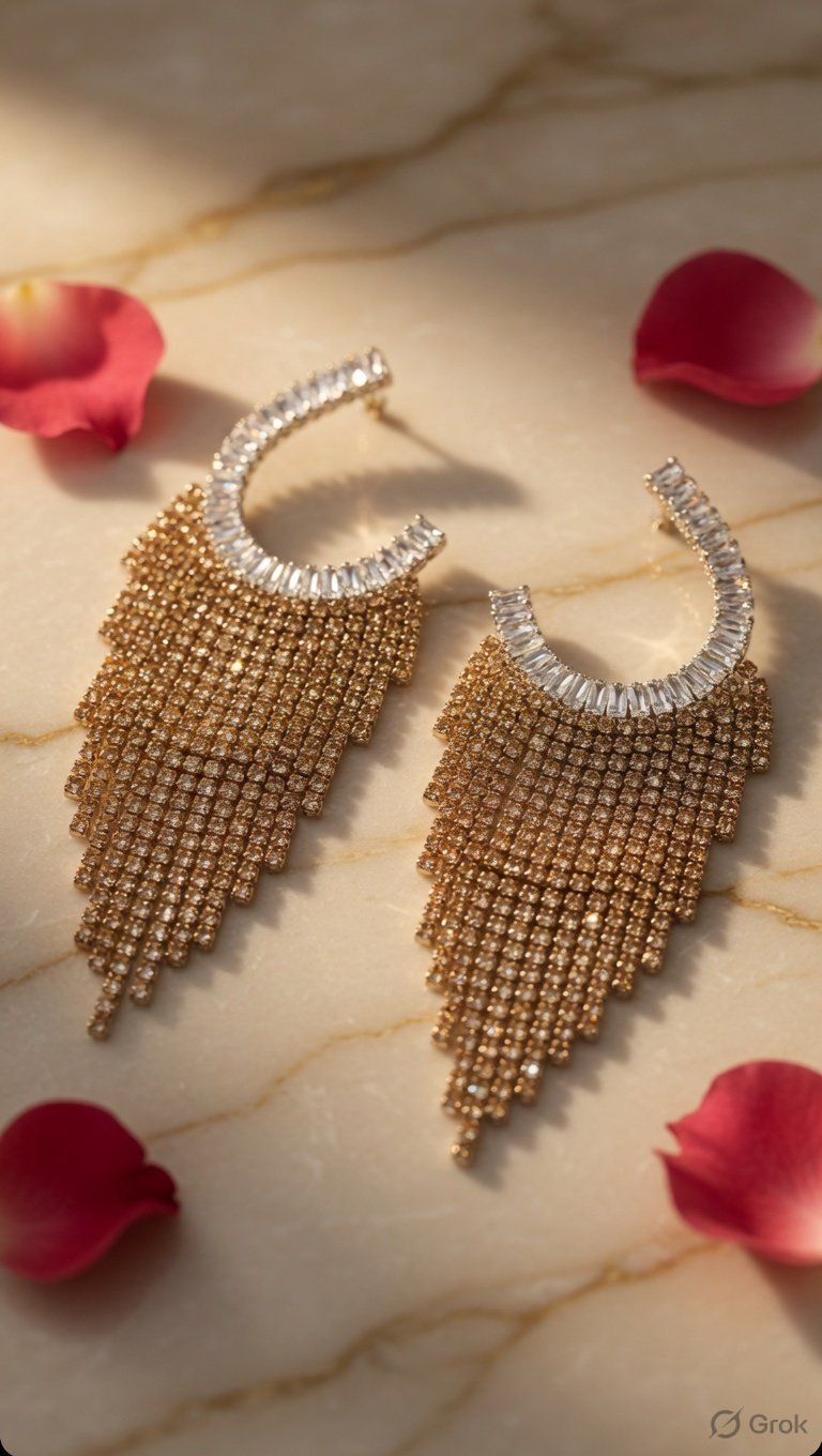 The Celestia Soirèe White Baguette And Champagne Rhinestone Fringe Crescent Earring-Gold Finish - Image 2