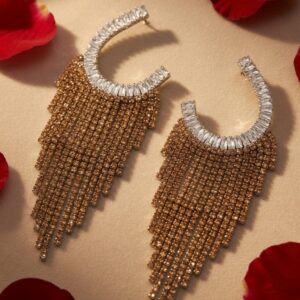 The Celestia Soirèe White Baguette And Champagne Rhinestone Fringe Crescent Earring-Gold Finish