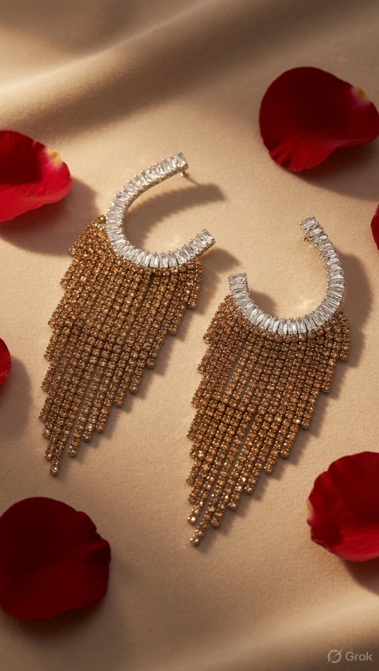 The Celestia Soirèe White Baguette And Champagne Rhinestone Fringe Crescent Earring-Gold Finish