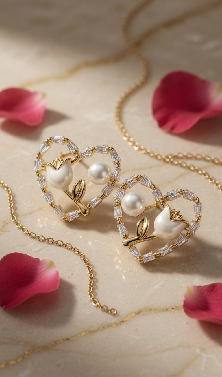 The Tulip Heart Baguette Studs-Gold Finish - Image 2