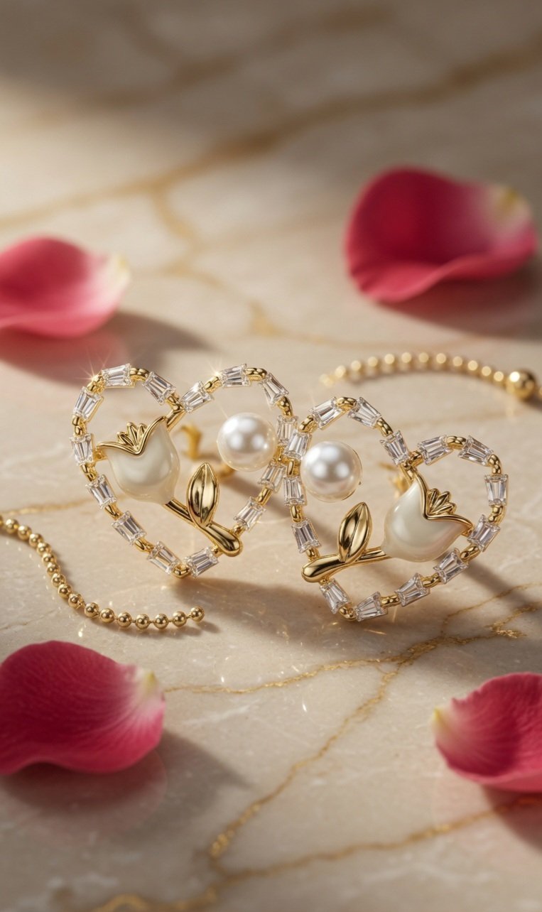 The Tulip Heart Baguette Studs-Gold Finish