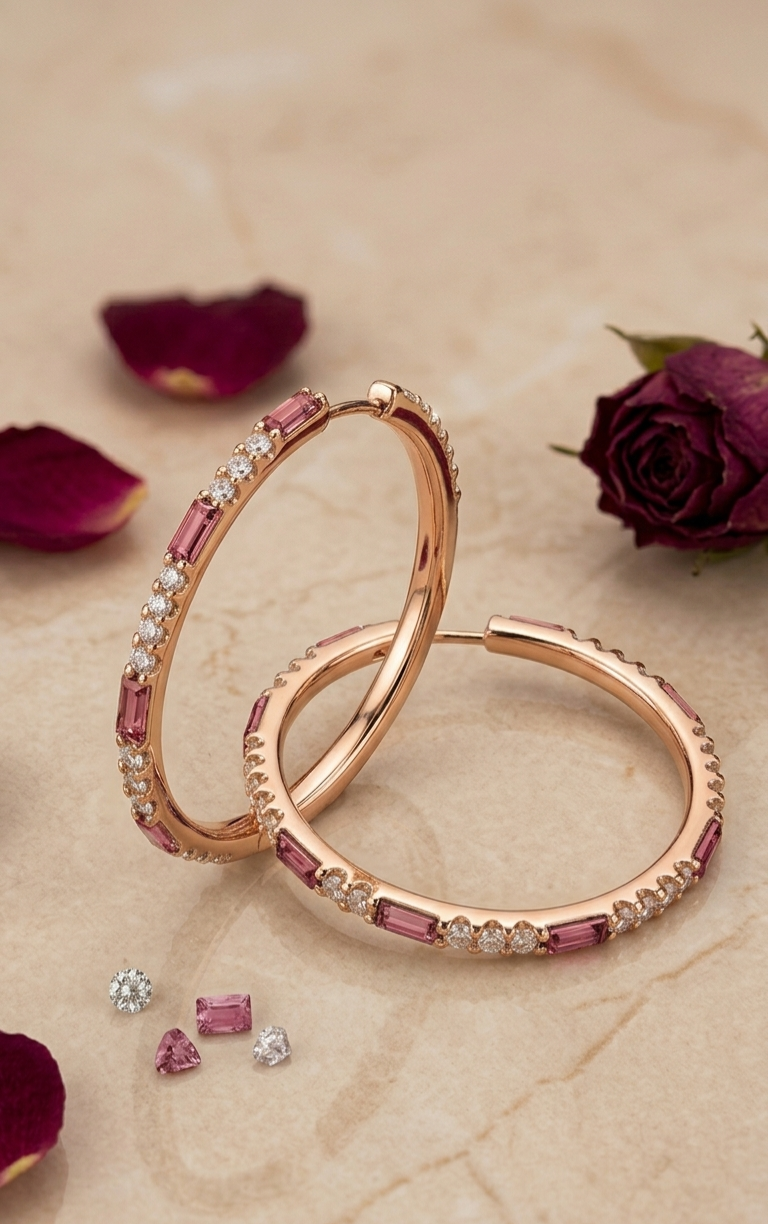 The Blush Pavè Baguette Cut Alternating Hoops-Gold Finish