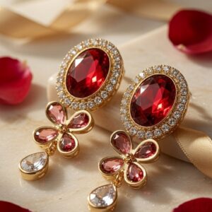 Crimson Bloom Vintage-Inspired Floral Earrings-Gold Finish