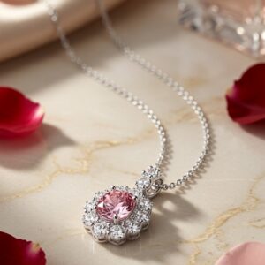 The Diana Scalloped Pink Sapphire Halo Pendant Chain-Gold Finish