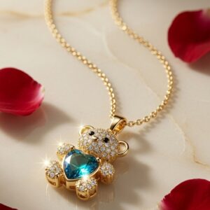 The Theodore Pavè Crystal Teddy bear Heart Pendant Chain-Gold Finish