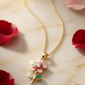 The Primrose Pink Enamel And Flower Pendant Chain-Gold Finish