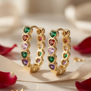 Amara Rainbow Heart Multi-Gemstone Hoops-Gold Finish