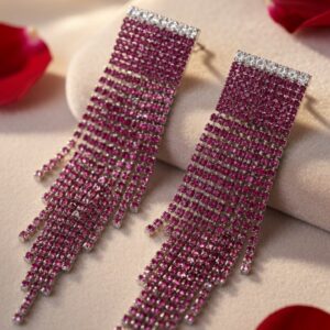Crimson Waterfall Dark Pink Statement Earrings-Platinum Finish