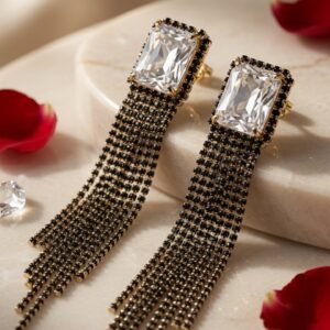 Noir Cascade Emerald-Cut Midnight Glamour Tassel Statement Earrings-Gold Finish