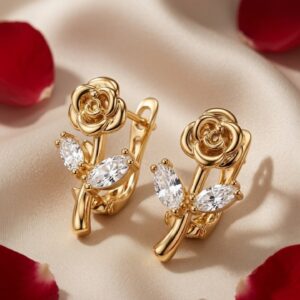 Vintage Floral Rose Flower Hoops-Gold Finish