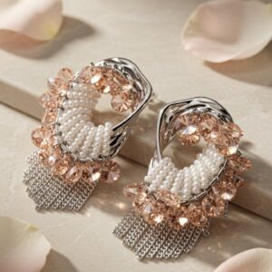 The Imperial Peral Beaded Fringe Tassel Statement Earrings-Platinum Finish