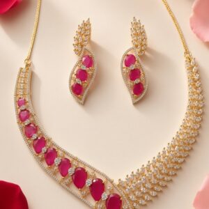 Royal Ruby Crimson Teardrop Gala Choker And Earrings Esemble-Gold Finish