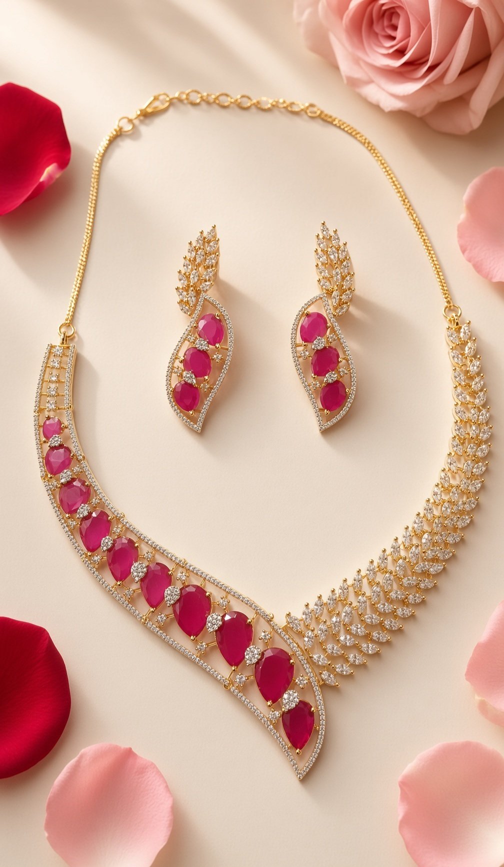 Royal Ruby Crimson Teardrop Gala Choker And Earrings Esemble-Gold Finish