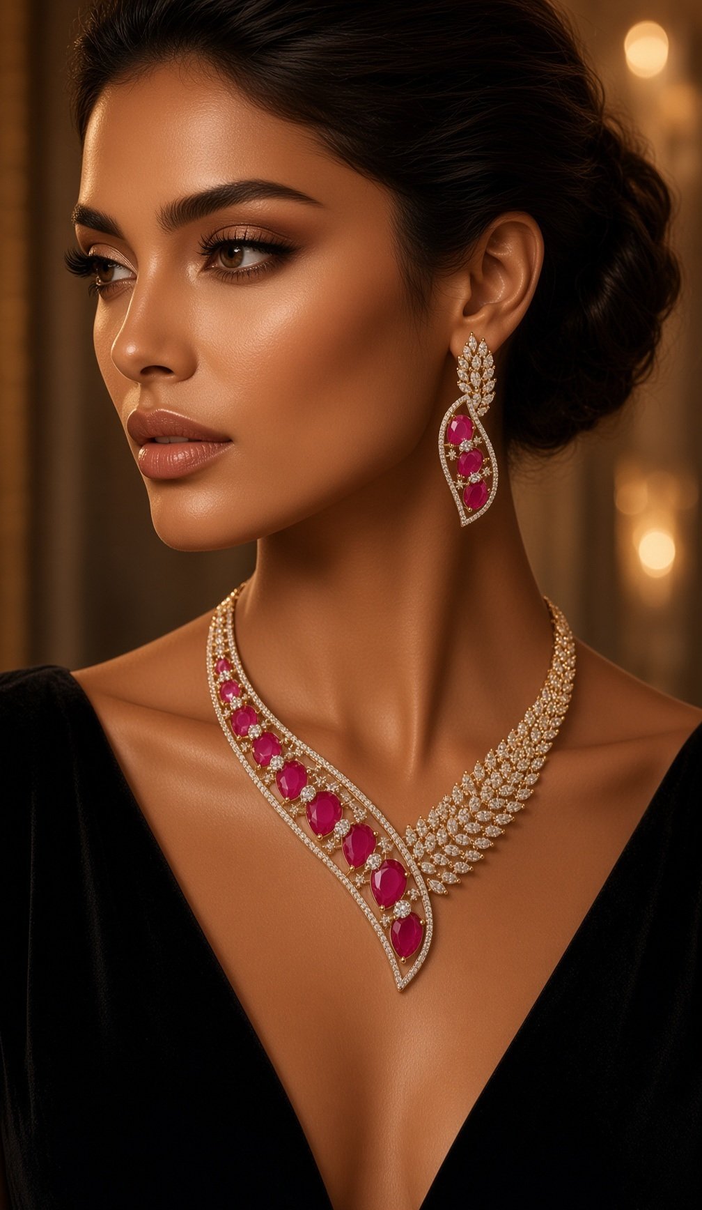 Royal Ruby Crimson Teardrop Gala Choker And Earrings Esemble-Gold Finish - Image 2