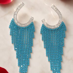 The Crescent Turquoise Fringe Waterfall Earrings-Platinum Finish
