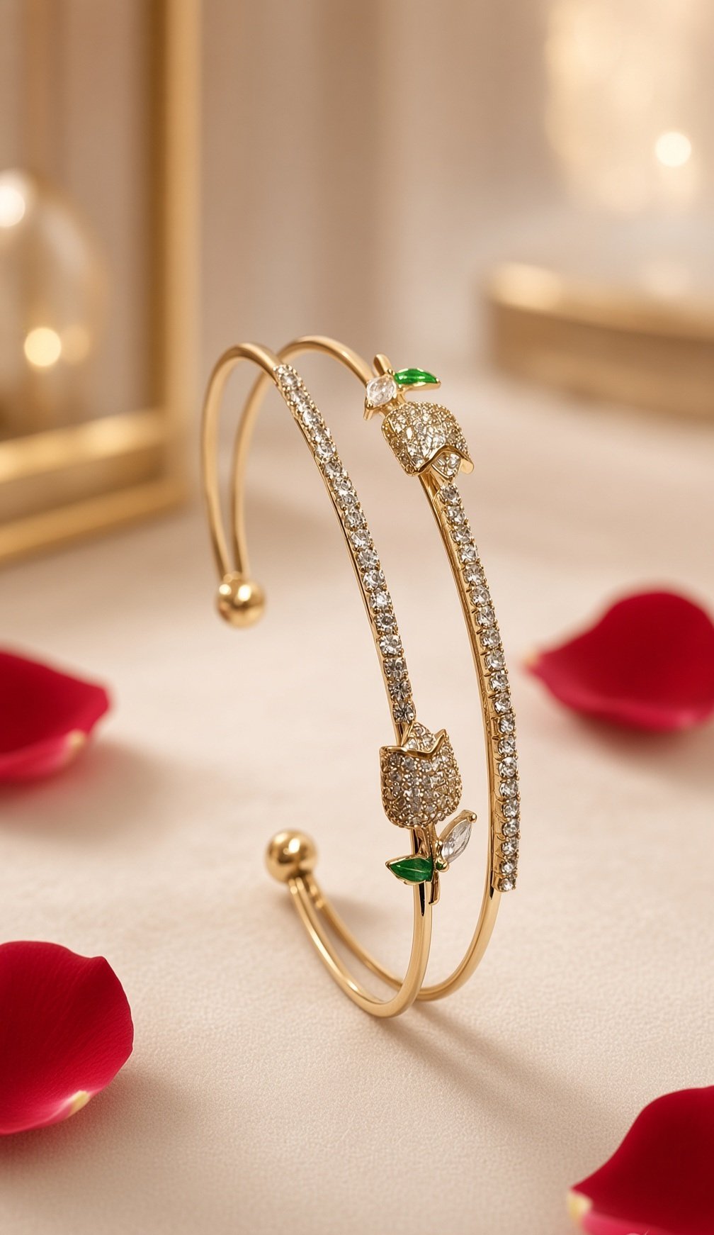 Enchanted Floral Pavè Gold Open Kada Bracelet-Gold Finish