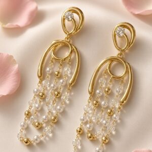 The Aurelia Pearl And Crystal Arch Cascade Earrings-Gold Finish