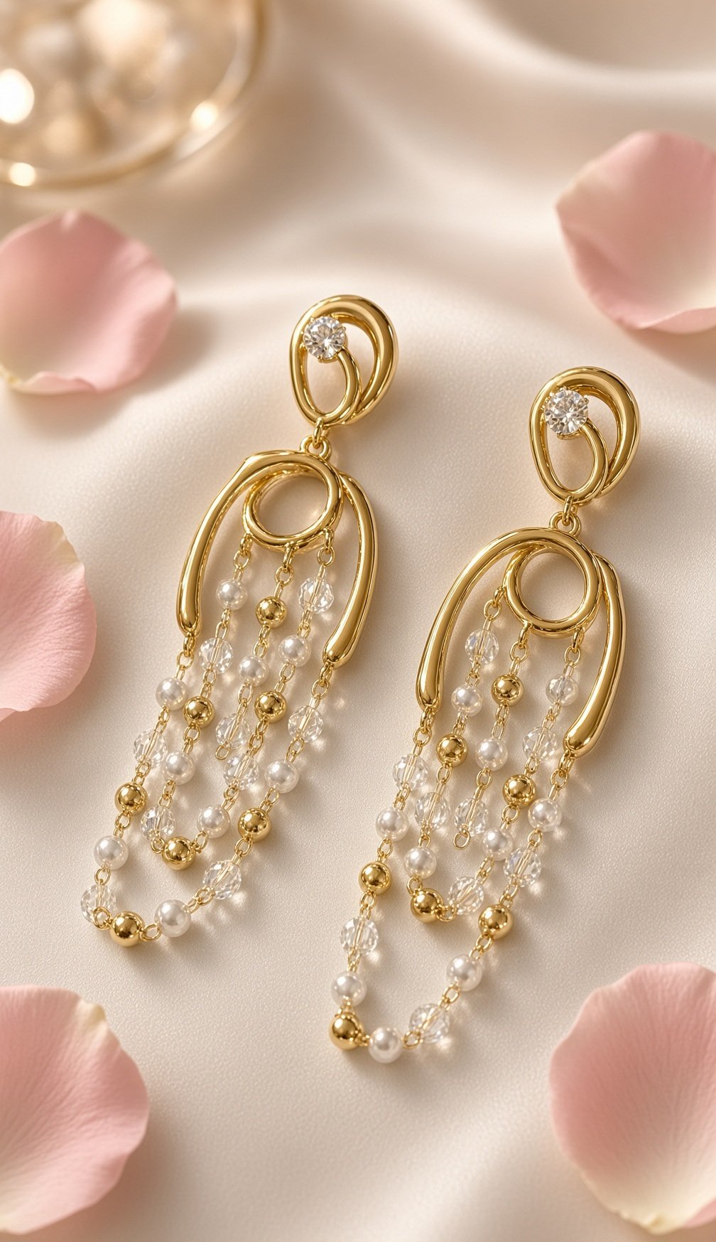 The Aurelia Pearl And Crystal Arch Cascade Earrings-Gold Finish