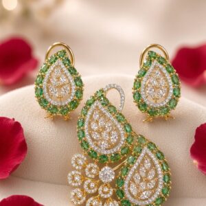 Imperial Emerald And Diamond-Style Leaf Kalka Pendant Set-Gold Finish