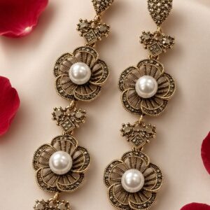 Victorian Solistice Antique Gold Pearl Chandelier Earrings-Antique Finish
