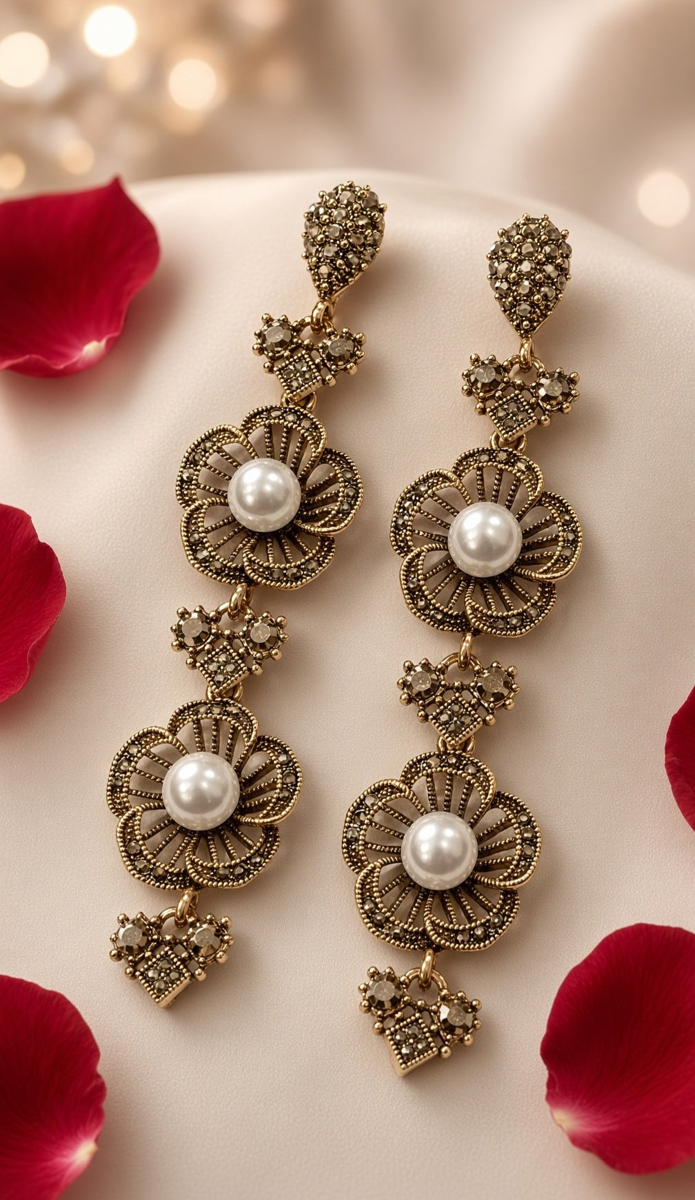 Victorian Solistice Antique Gold Pearl Chandelier Earrings-Antique Finish