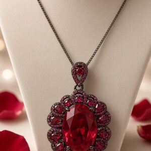 Rosalind Scarlet Solitaire And Double Halo Oval Pendant-Black Rhodium Finish