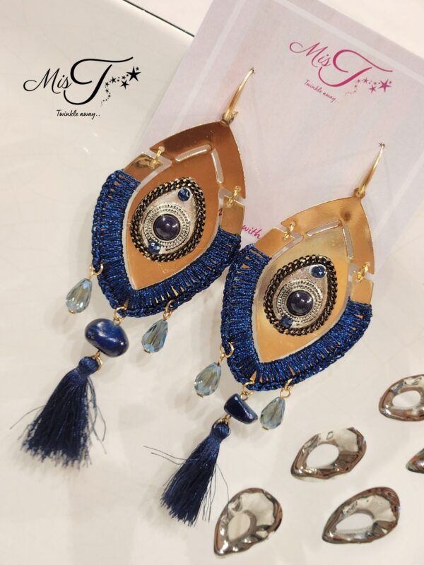 Evil eye blue tassel earrings