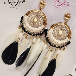 Black white feather tassel earrings