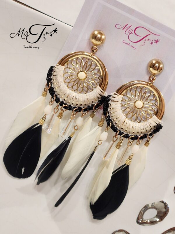 Black white feather tassel earrings