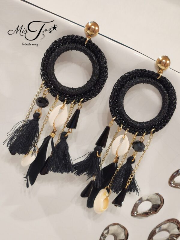 Black threads and tassel earrings