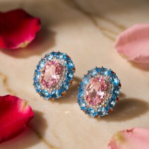 Blossom Bella Pink Aqua Stud Earrings- Platinum Finish