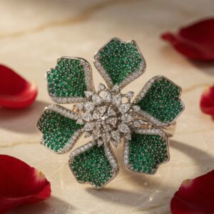 Emerald Bloom Statement Ring-Platinum Finish