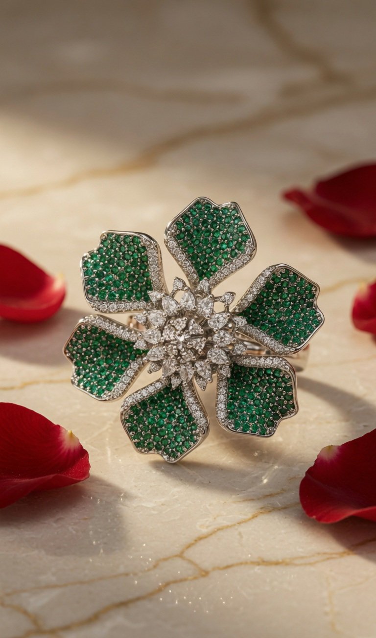 Emerald Bloom Statement Ring-Platinum Finish