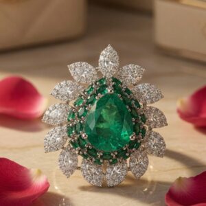 Celestia Green Stone Cocktail Rings-Platinum Finish