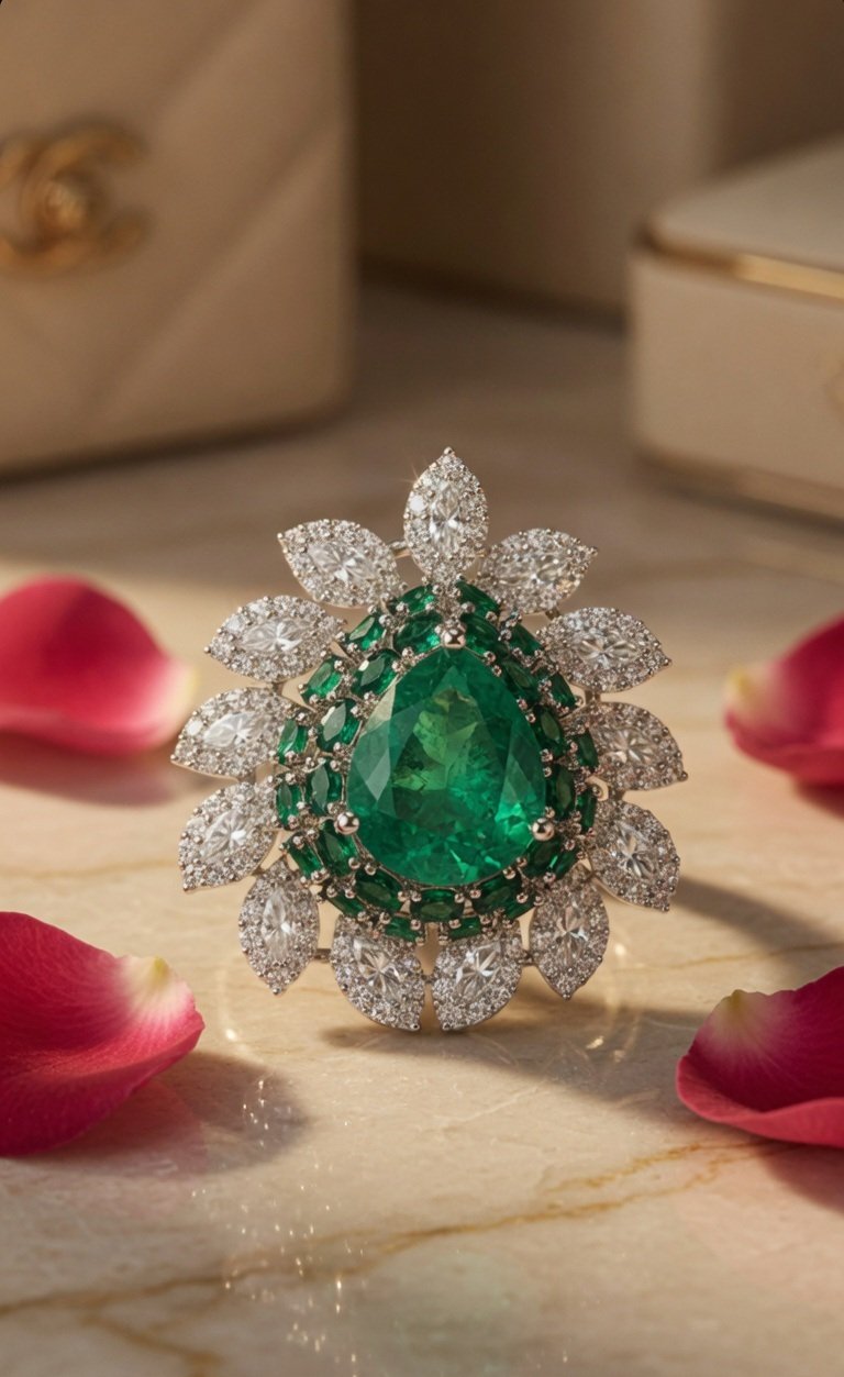 Celestia Green Stone Cocktail Rings-Platinum Finish