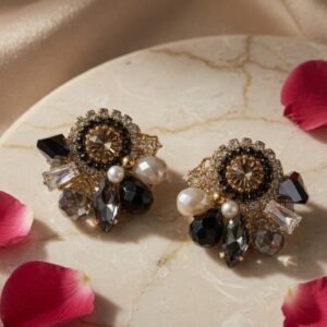 Celeste Noir Pearl Stud Earrings-Gold Finish