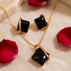 Midnight Elegance Black Stone Necklace Set-Gold Finish