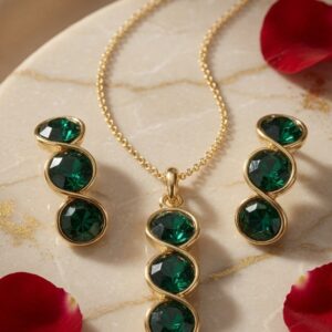 Gold-Tone Triple Emerald Round Cut Pendant Set-Gold Finish