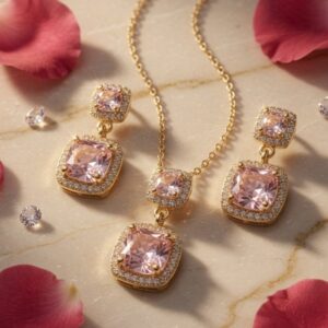 Pink Cushion Cut Halo Jewelry Set-Gold Finish