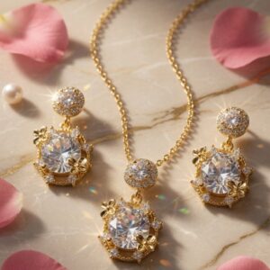 Gold Floral Filigree Jewelry Set With Brilliant Round Solitaire-Gold Finish