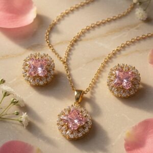Princess-Cut Pink Zirconia Jewelry Set-Gold Finish