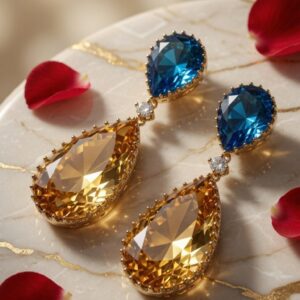 Royal Sapphire And Citrine-Style Pear Earrings-Gold Finish