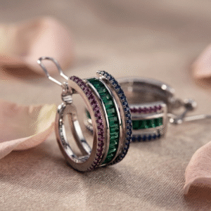 The Iris Mosaic Tricolor Gemstone Triple-Row Hoops-Platinum Finish